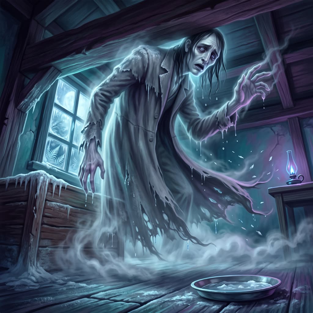 A tall translucent ghost in a dripping gray mourning coat, fading to mist at the floor, rises from a frosted kitchen corner.