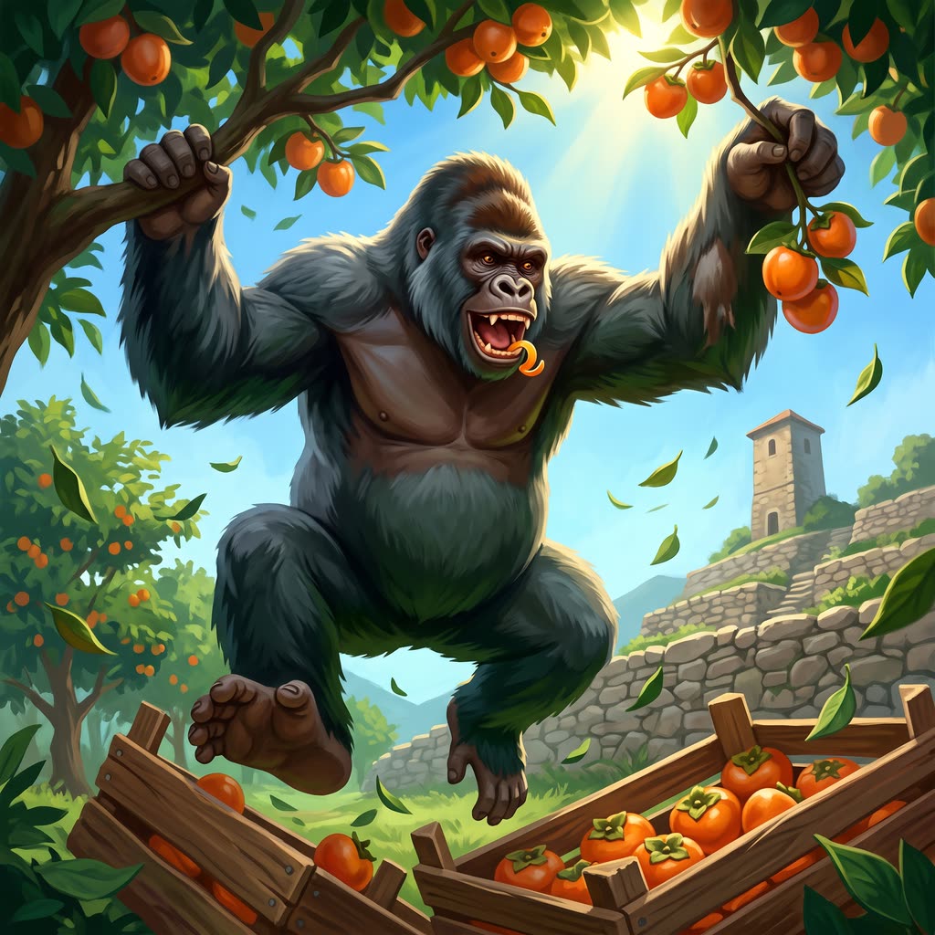 A fourteen-foot slate-black giant ape with a gray saddle of hair and a split left ear leaps from an orchard branch under.