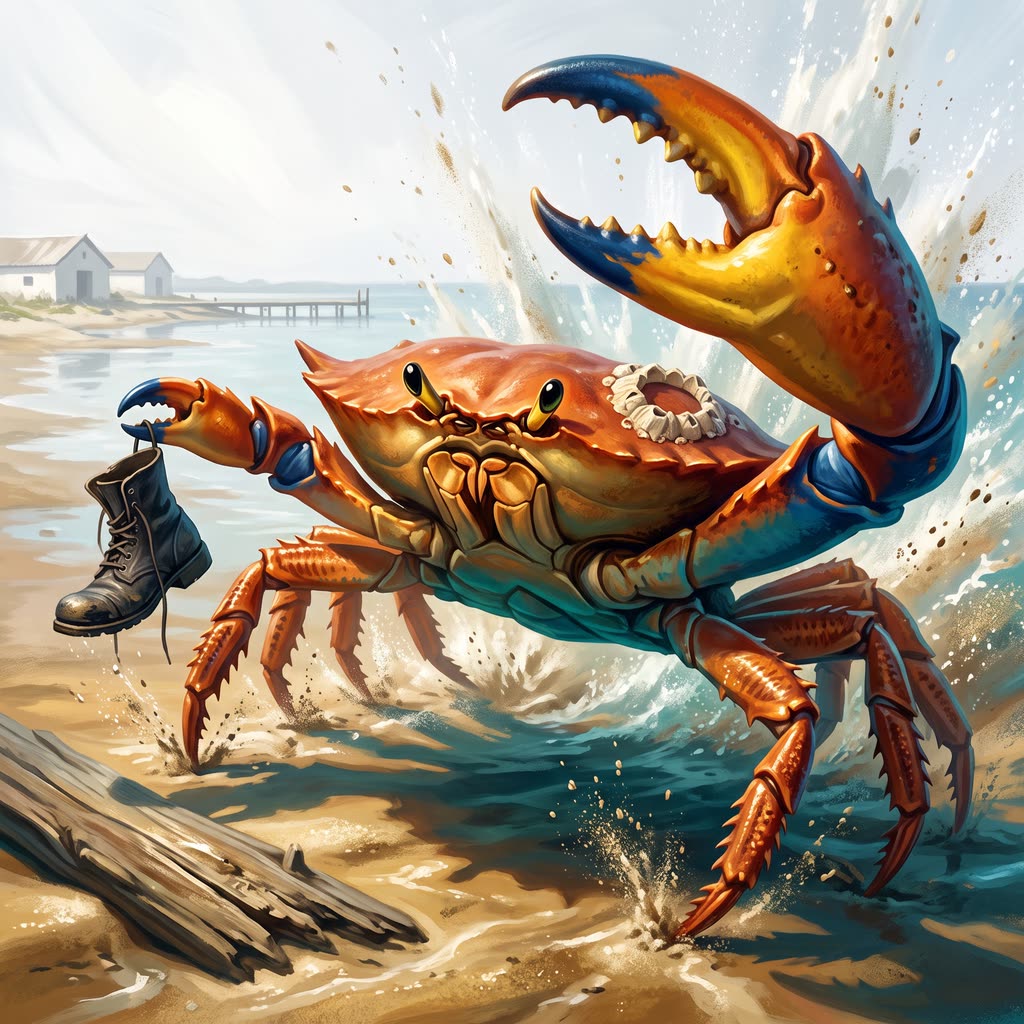 A rust-orange giant crab erupts from a wet sandflat in a sheet of spray.