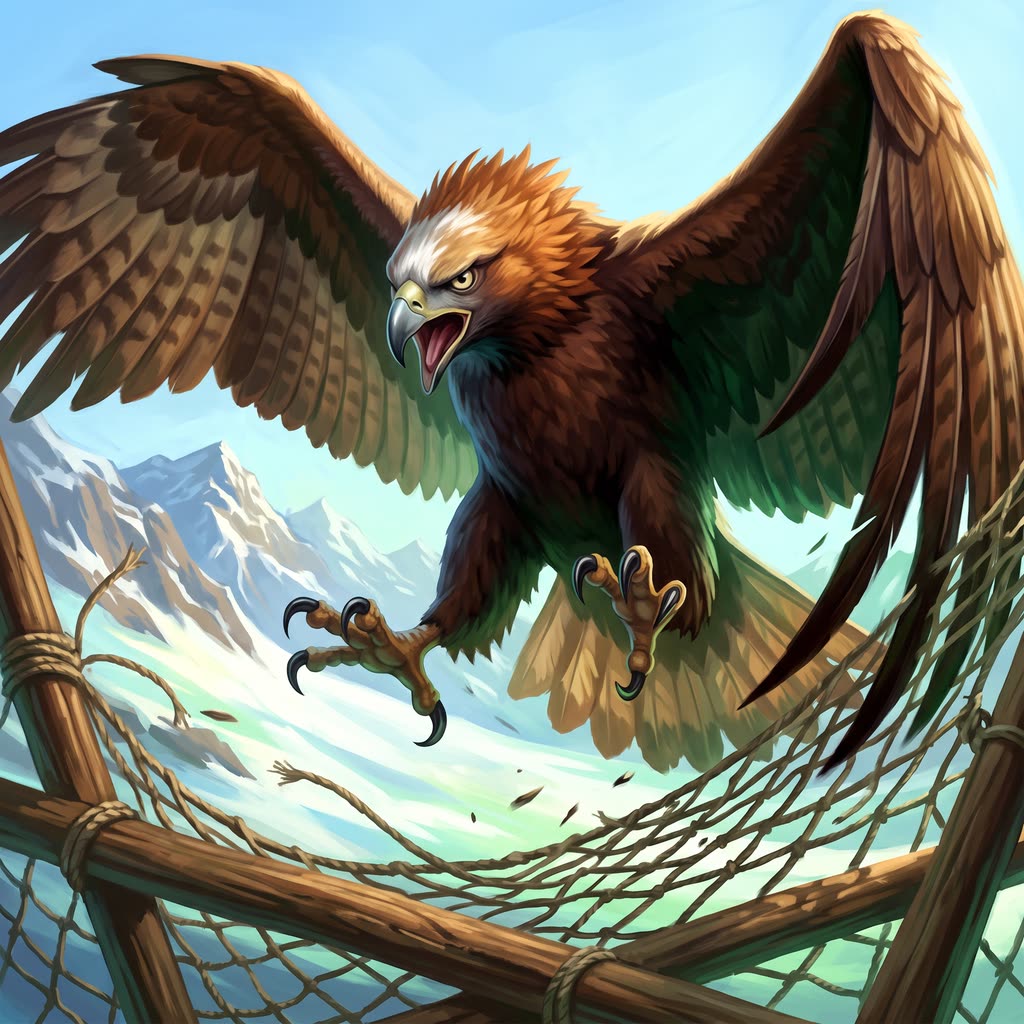 A giant eagle with chestnut feathers and a white crown blaze banks over a lambing yard.