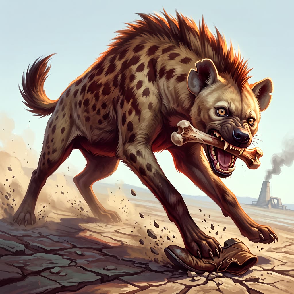 A pony-sized giant hyena with a torn left ear lunges in harsh noon sun.