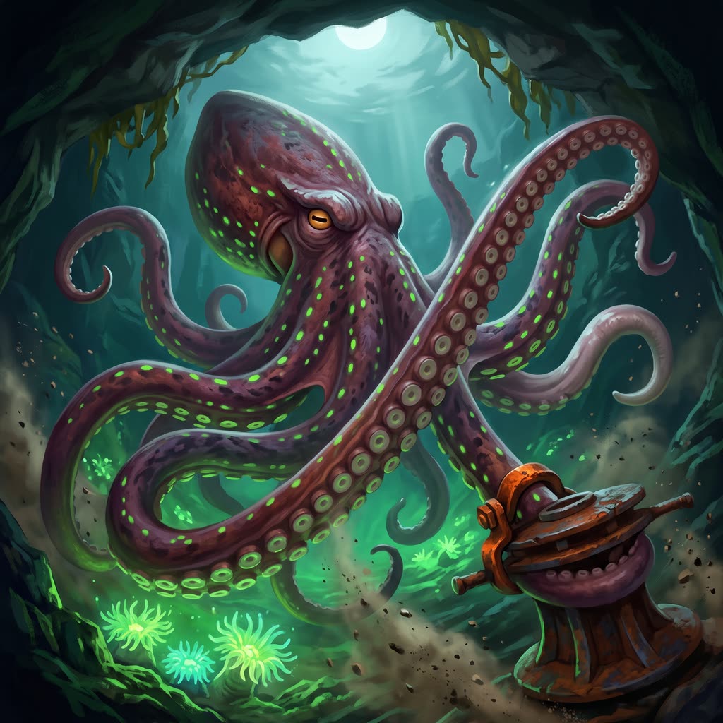 A giant octopus with oxblood and slate skin rises from a dark cave mouth, one long arm reaching toward the viewer.
