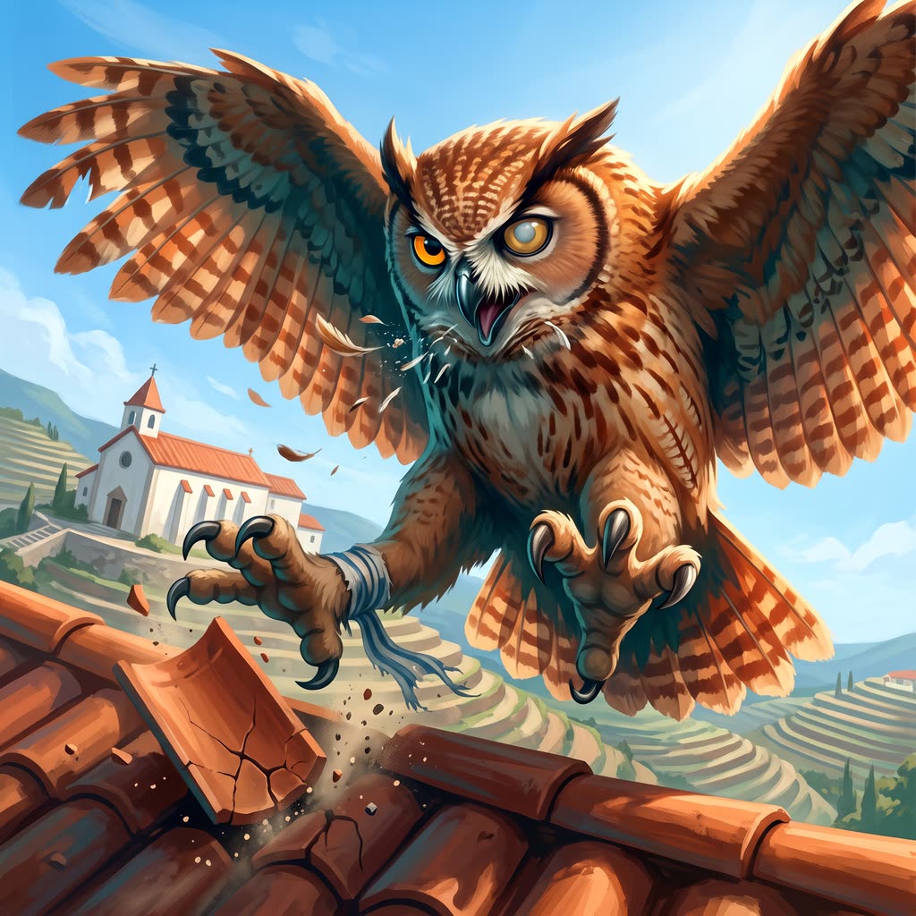 A giant russet owl with mismatched eyes drops from a clay-tile roof ridge, talons forward and wings wide.