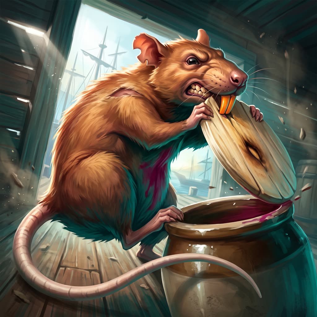 A ginger-brown giant rat with orange teeth rears back on its haunches.