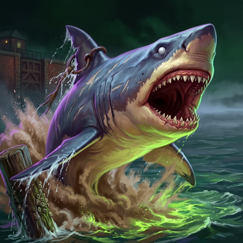 A sixty-foot gray-blue shark rising from a brown silt cloud in a night harbor channel, jaws gaping.