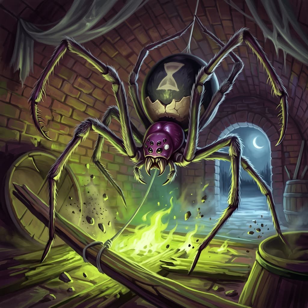 A pony-sized black spider with a worn pale hourglass on its abdomen lowers itself on a silk line from a brick kiln vault.