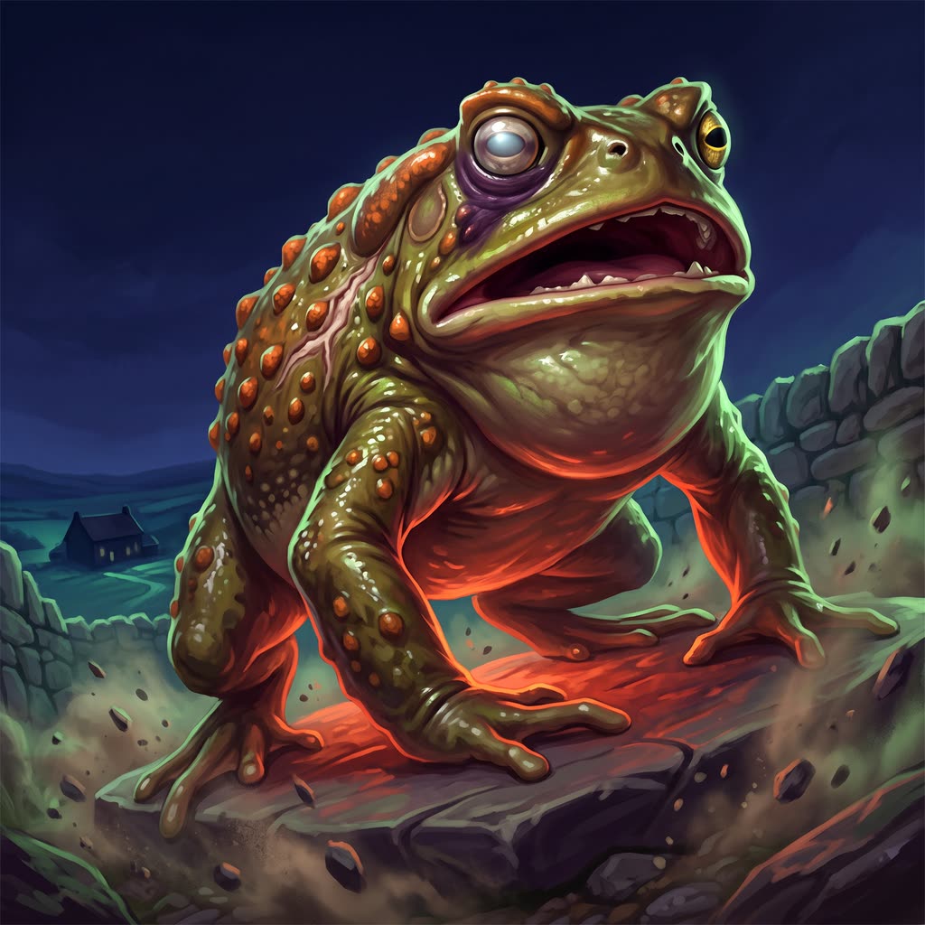 A hog-sized olive-brown toad with rust-orange warts rises from a crouch on an ember-glowing gate stone, throat swelling.