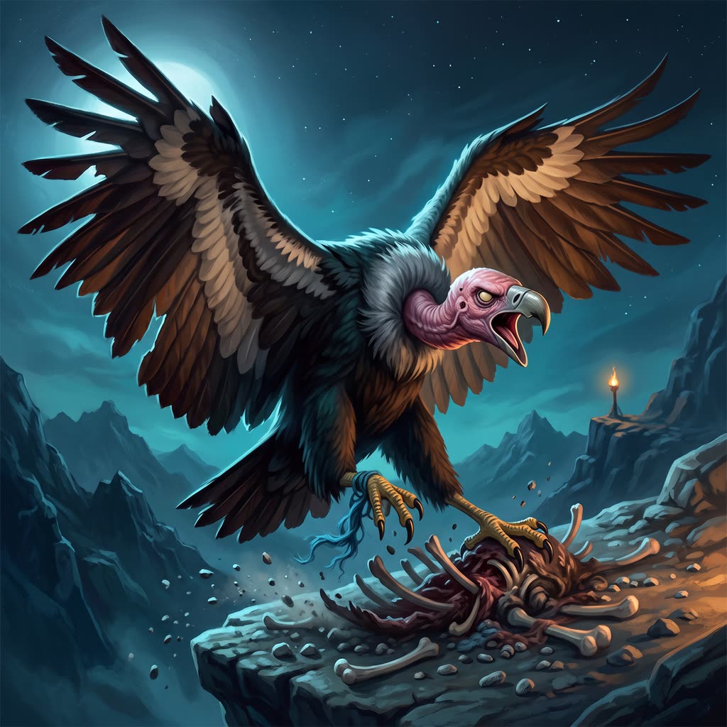 A giant vulture with a missing wing feather lands with wings spread on a bone-strewn rock shelf, beak open in a hiss.