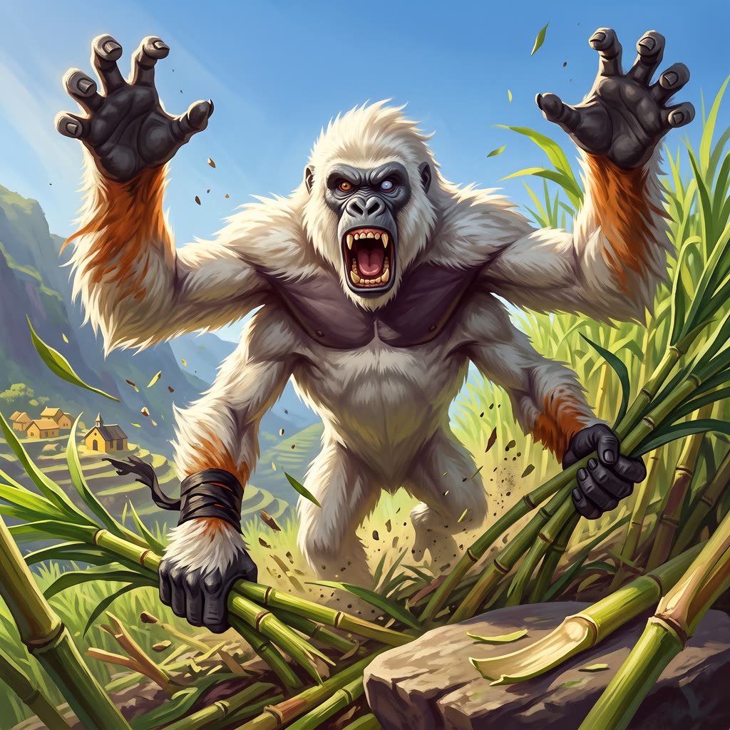 A nine-foot white-furred four-armed girallon rears out of sunlit cane, upper arms raised, lip peeled back.