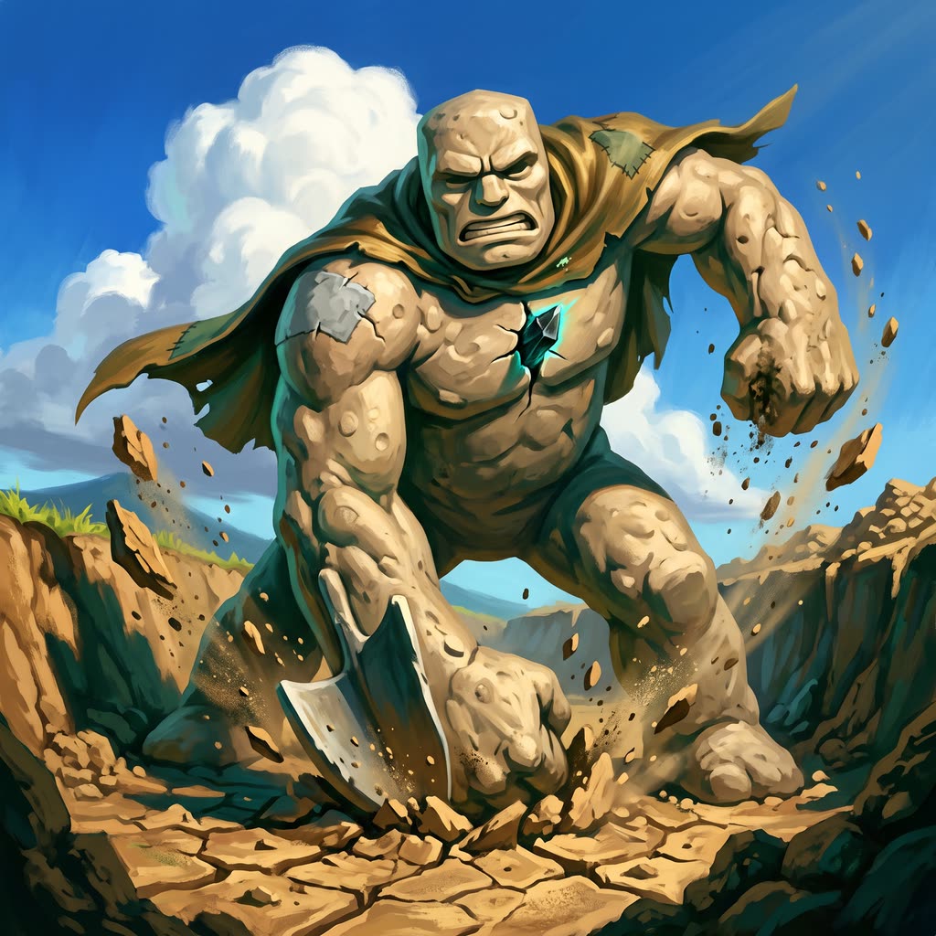An eight-foot clay golem seen from below, driving both fists into a cracked dry field in bright sun.
