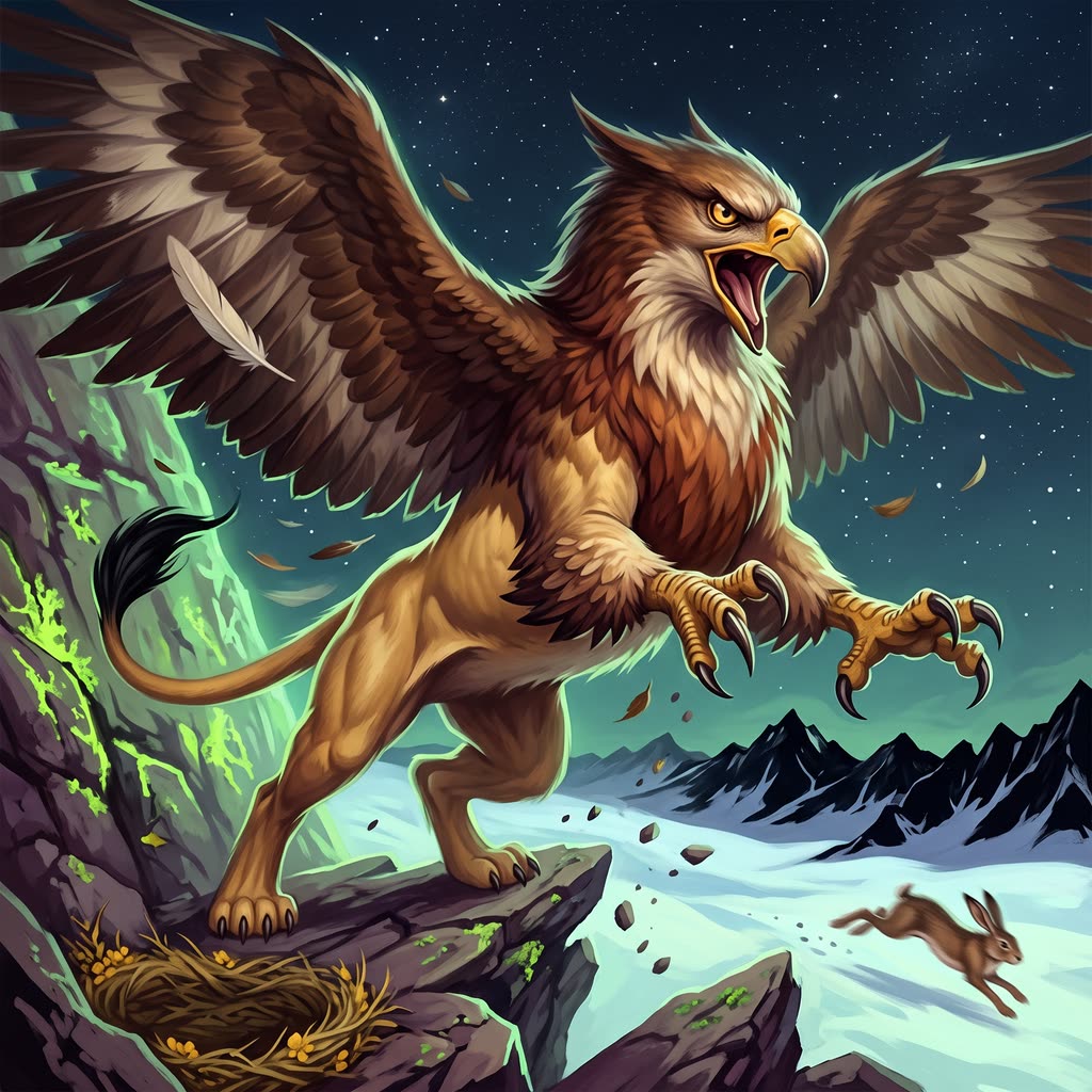A tawny eagle-headed griffin with a notched beak lunges off a rock ledge, wings flung open and talons forward.