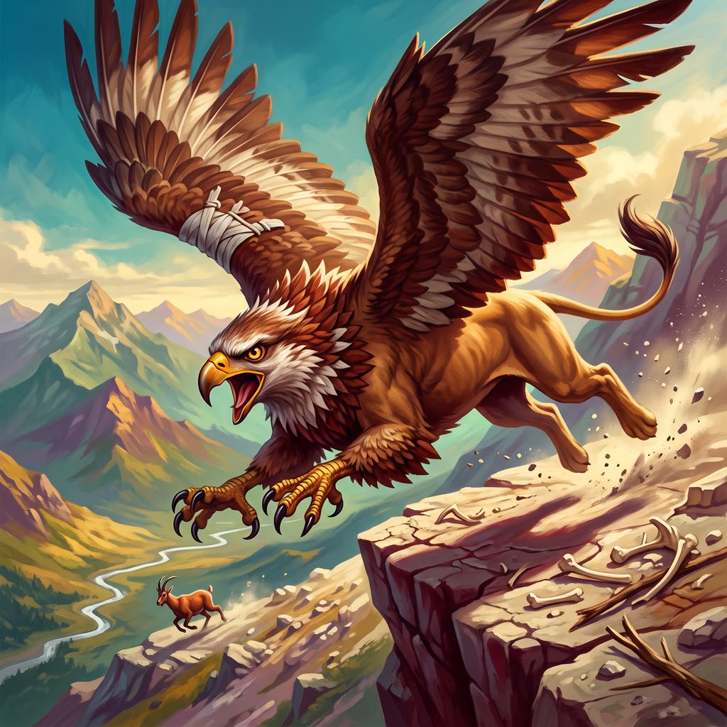 A tawny, eagle-headed griffon lunges off a sunlit limestone ledge with wings spread wide.