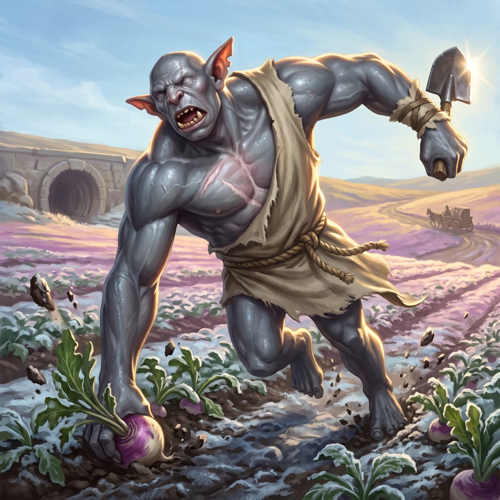 A blind, slate-gray grimlock lunges across a frosted turnip field in hard midday sun.