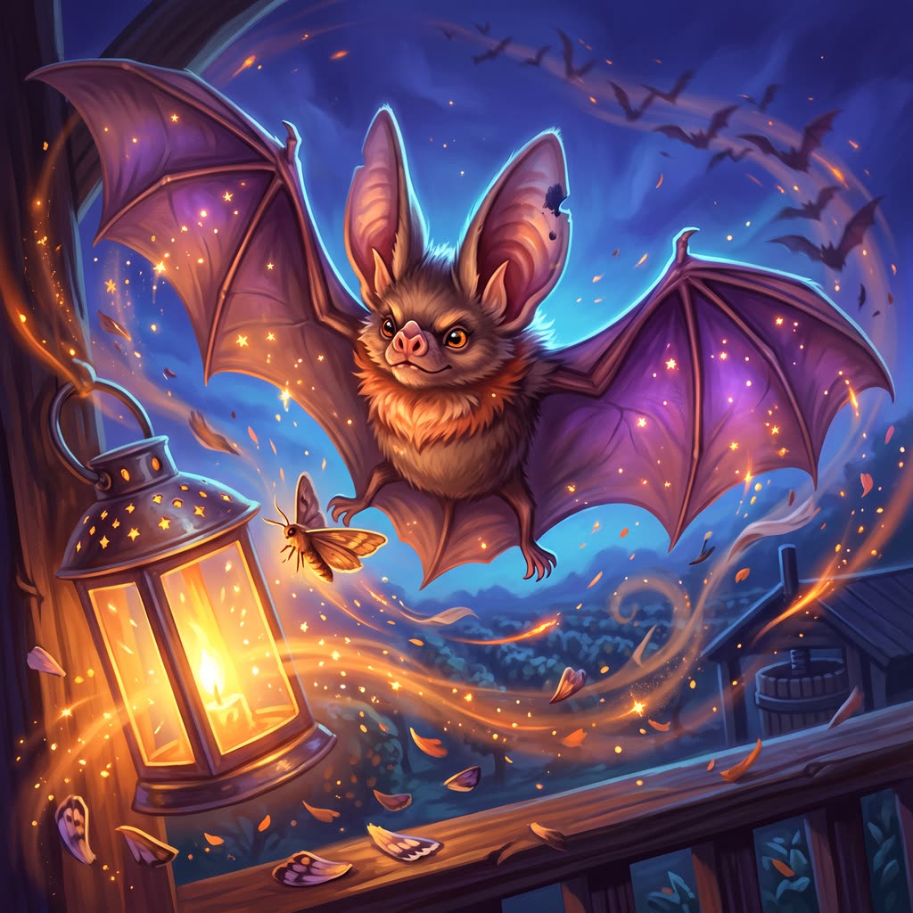 A small brown-violet bat with marigold eyes dives with wings spread toward a moth beside a glowing tin lantern on a porch.