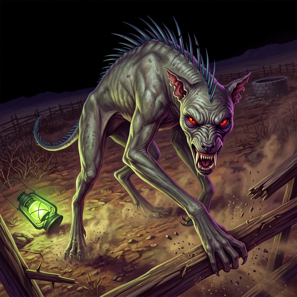 A gray, hairless chupacabra with a quill ridge rises over a broken rail in a thorn goat pen, lit green from below.