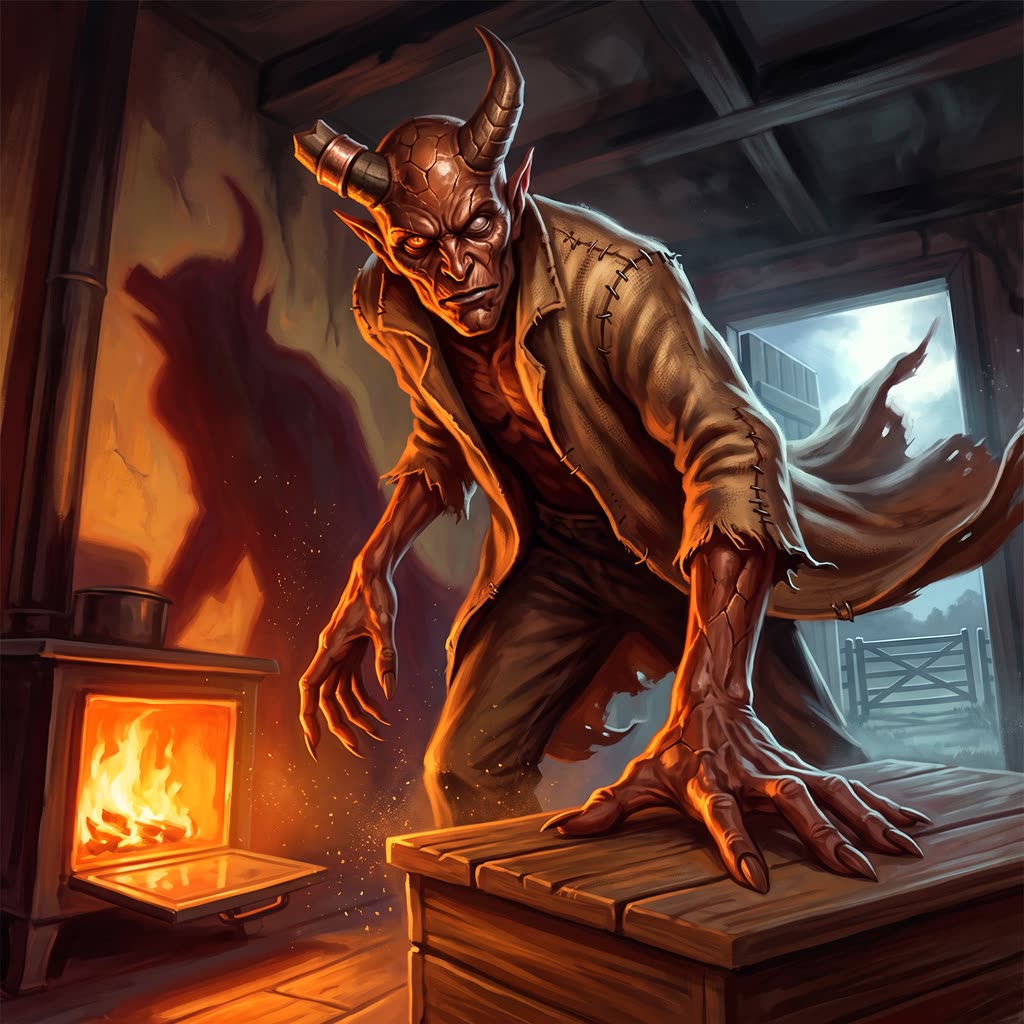 A tall, lean demon in a singed sacking coat rises from a woodbox in a dark farm kitchen, lit orange from an open stove below.