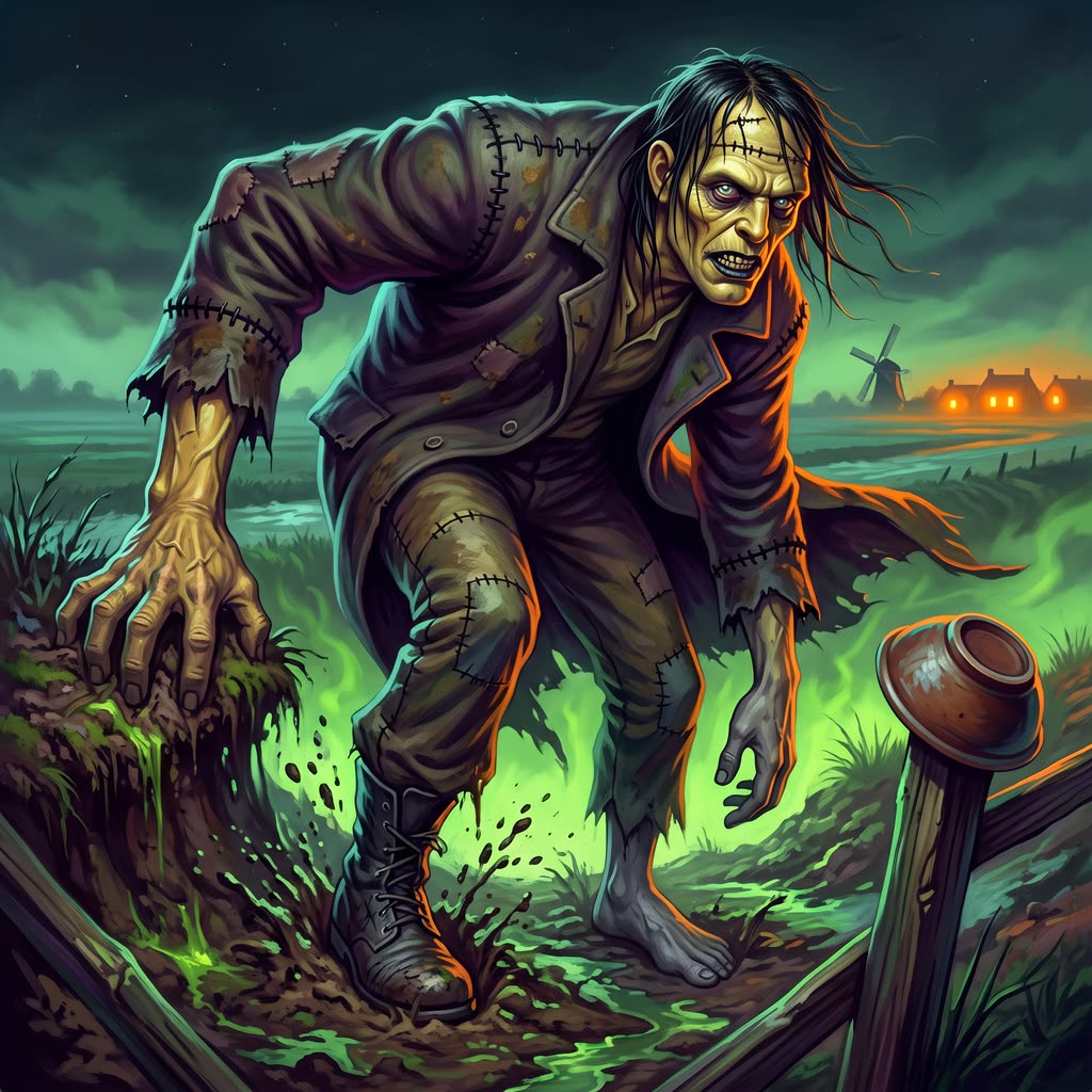 An eight-foot stitched man in a mud-stiffened greatcoat rises from a drainage ditch lit by green marsh glow.