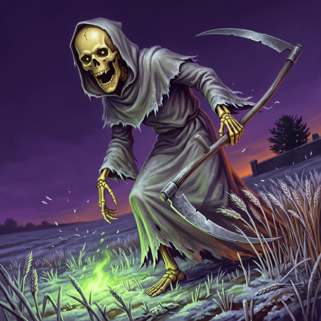 A tall skeletal figure in a frosted gray wool robe leans toward the viewer across a frozen barley field.