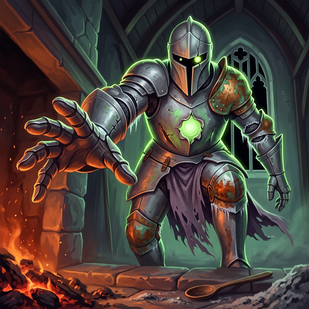 A gray steel suit of haunted armor with a bronze left shoulder plate and a glowing green hole in its breastplate reaches one.