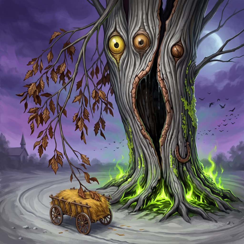 A tall split-trunked hornbeam with mismatched yellow knot eyes bows over a small hay wagon.