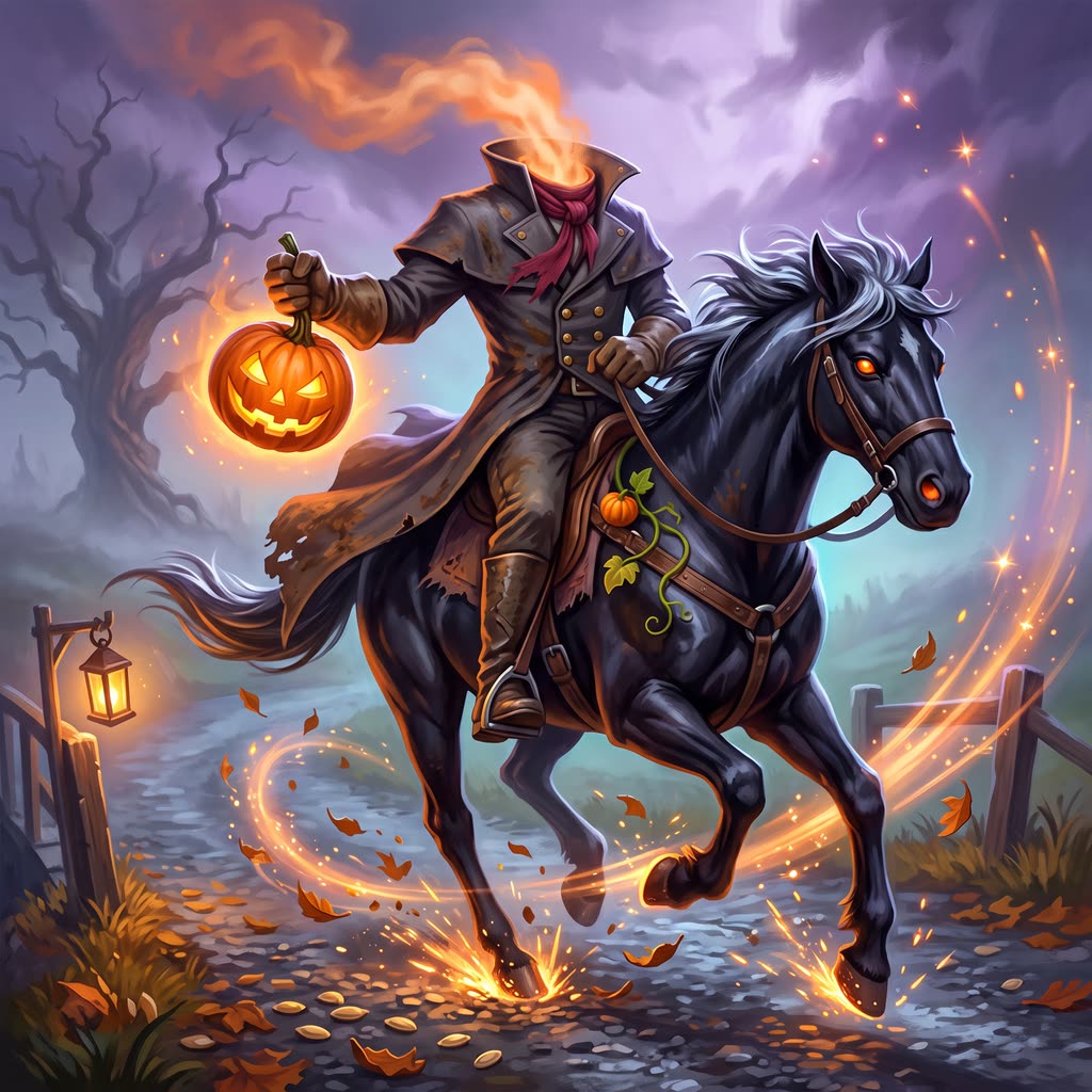 A headless rider in a long coat gallops a black stallion down a misty autumn road.