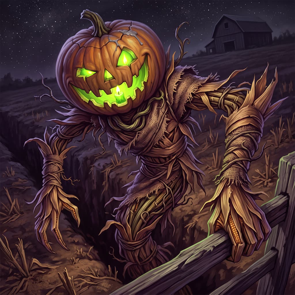 A pumpkin-headed figure of cornstalk and husks rises from a furrow at night, gripping a split fence rail.
