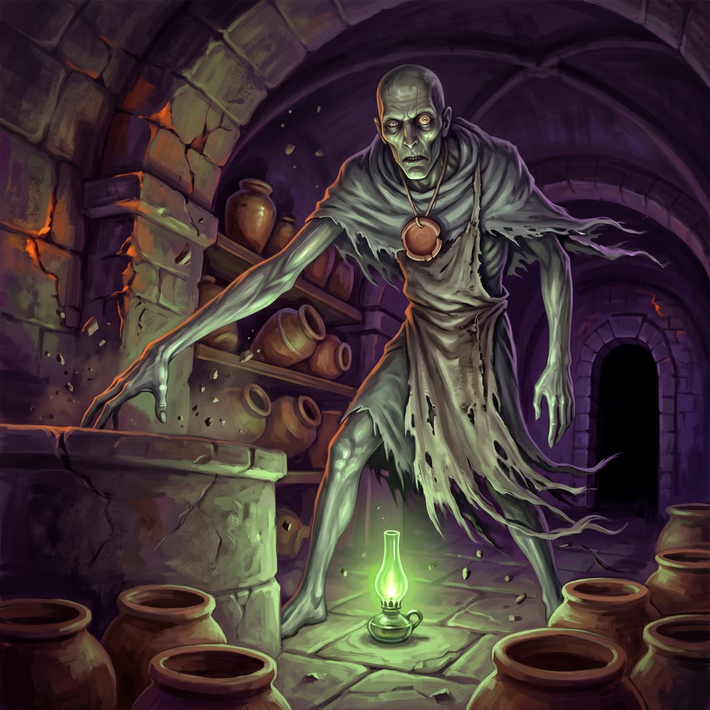 A gaunt gray-green spirit in a rotted apron and shroud rises behind a stone vat in a smoky cellar.