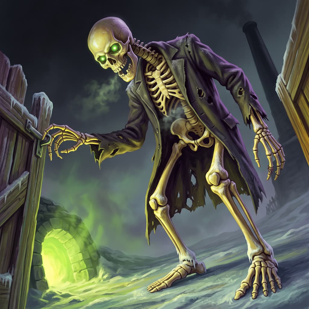 A tall yellowed skeleton in a moth-eaten coat looms over a frosty gate, green fire in its sockets, a hand on the latch.