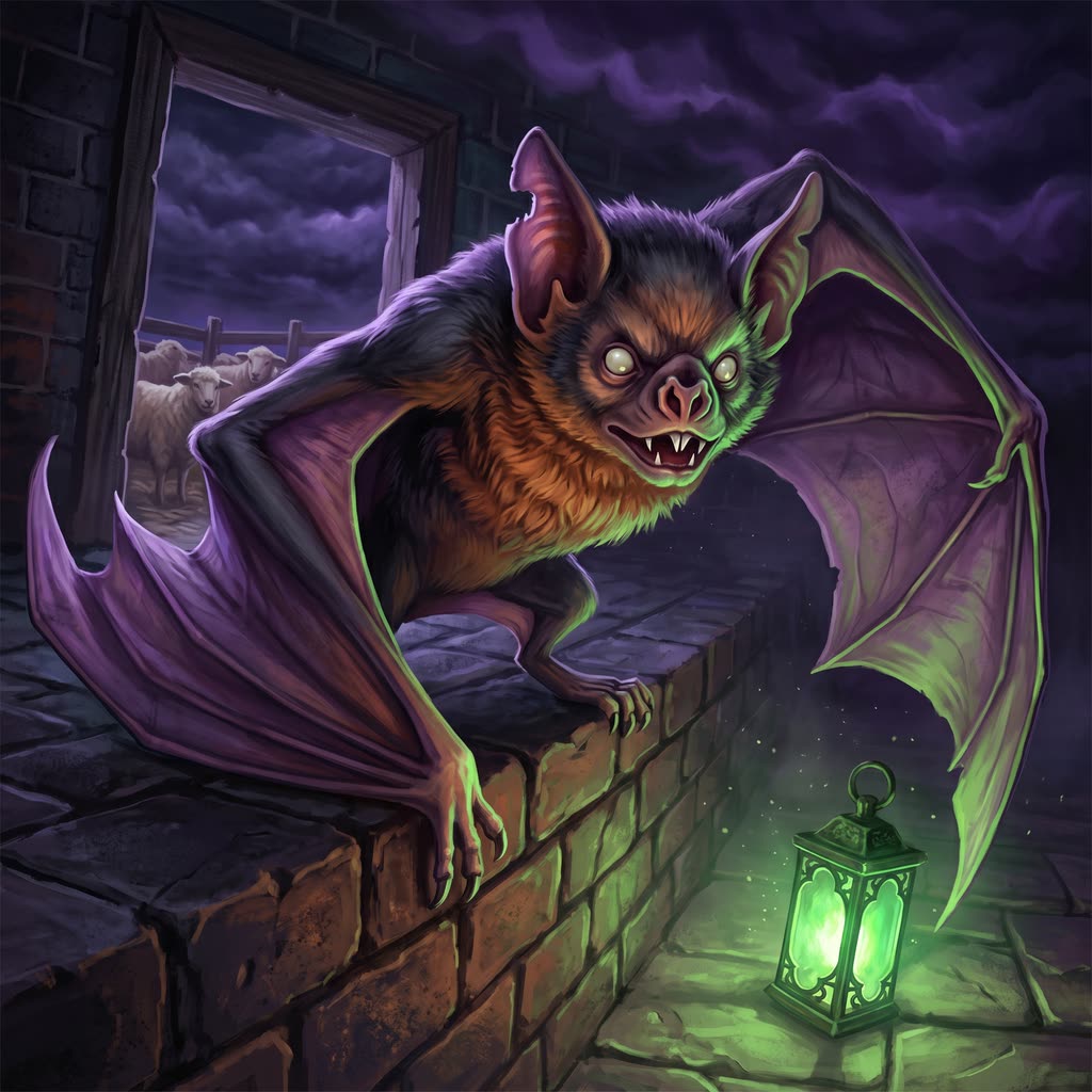 A soot-black vampire bat with a rust-orange throat creeps head-first down a brick hearth toward the viewer, wings half open.
