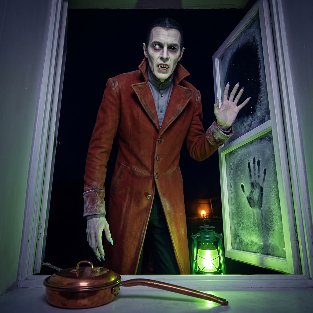 A tall pale vampire in a frost-stiffened rust-red coat rises over a frosted bedroom windowsill.