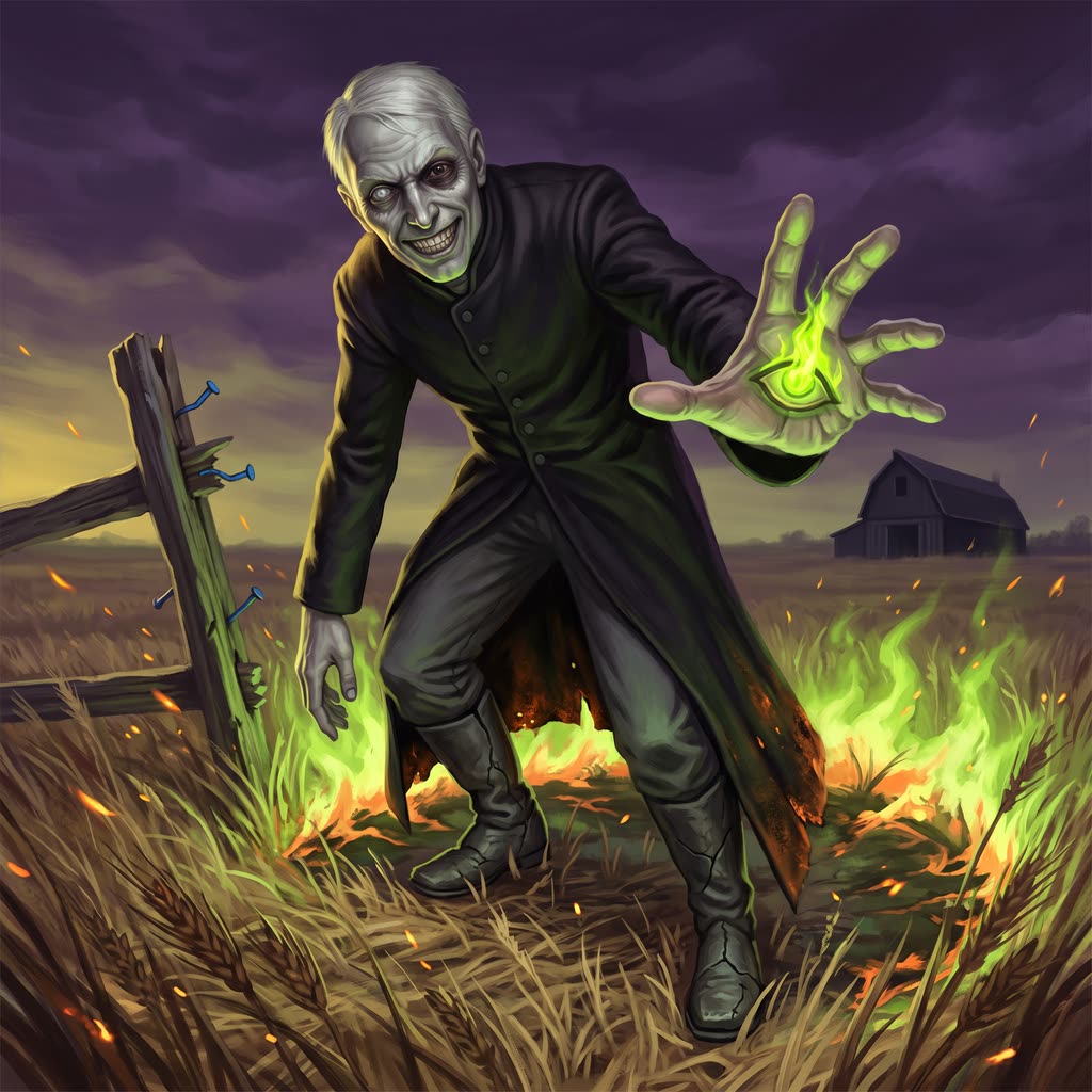 A gaunt, very tall warlock in a scorched black coat rises from a burned ring in a barley field.