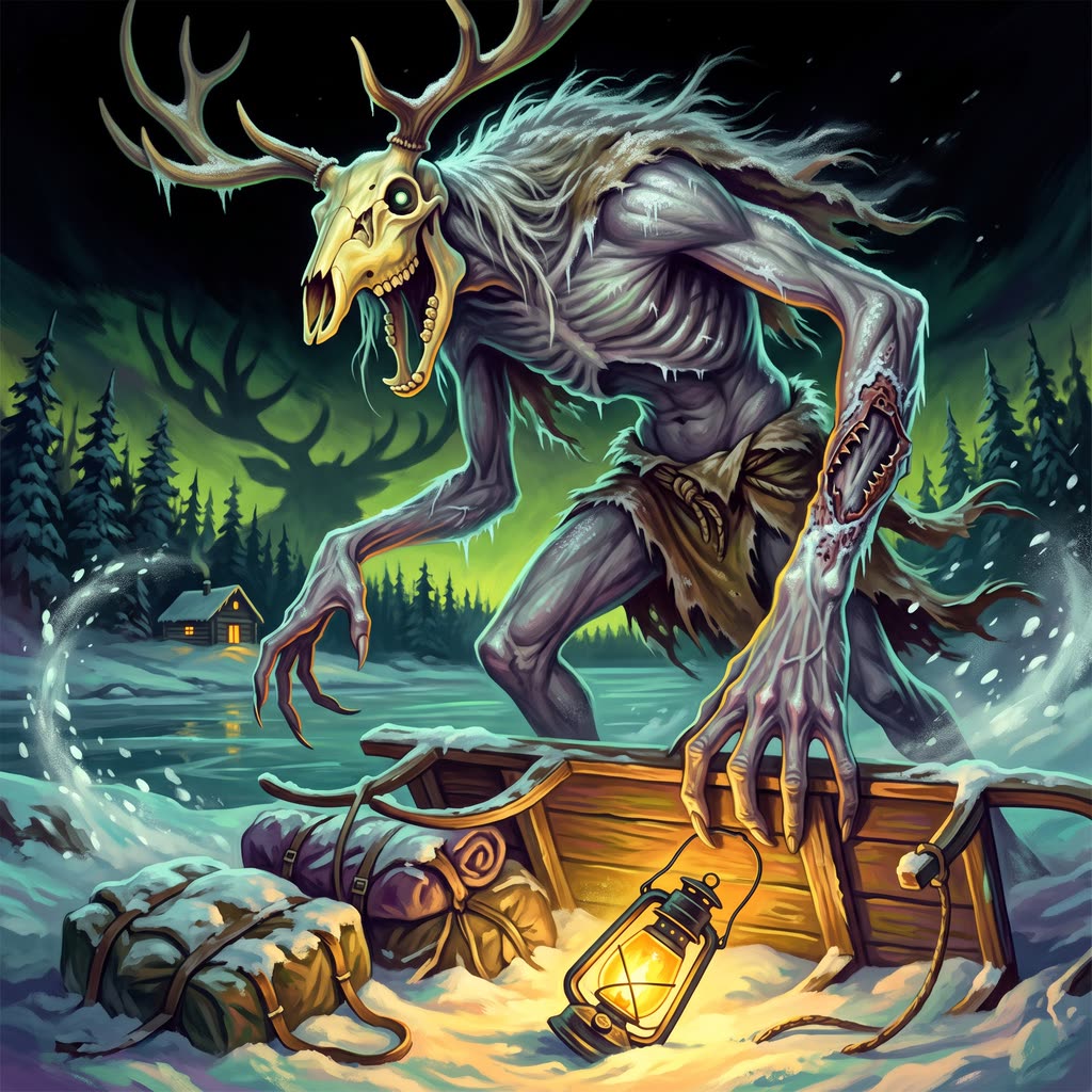 A nine-foot gaunt creature with an elk's skull and broken antlers rises behind an overturned sled on a frozen bay.