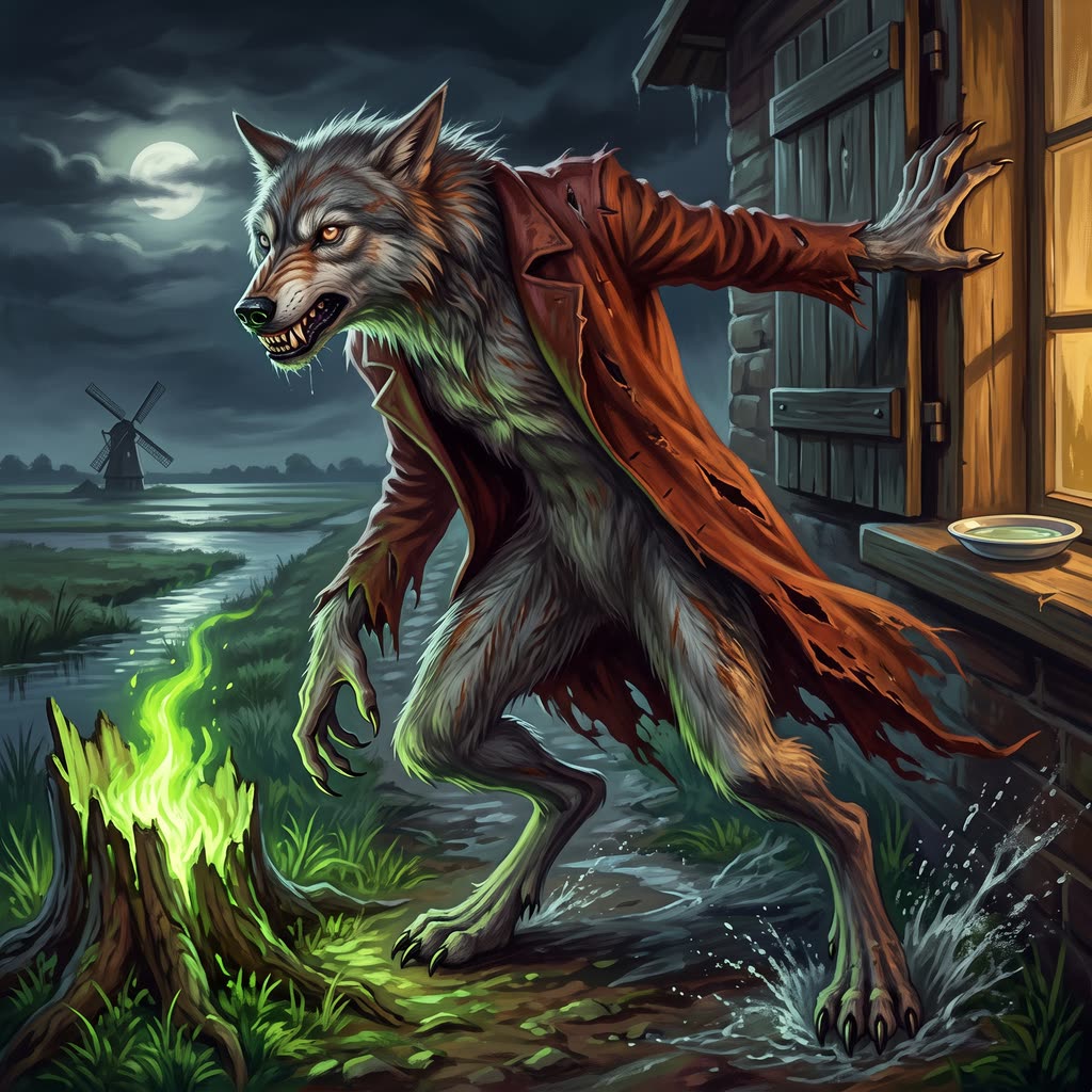 A gaunt gray-and-rust werewolf in a torn brick-red coat rises beside a shuttered window, one clawed hand on the shutter.