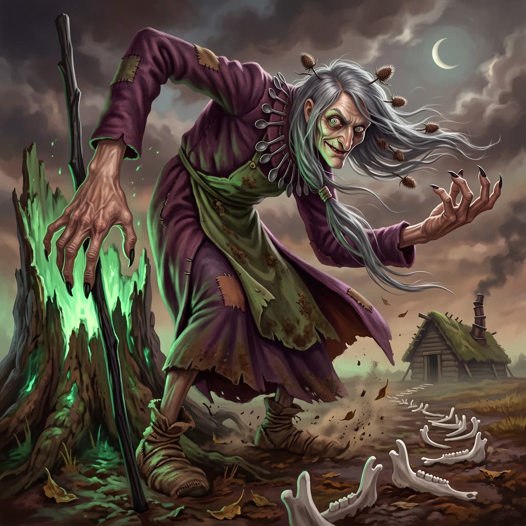 A gaunt, stooped witch in an aubergine coat rises from a crouch beside a glowing stump on a dark moor.