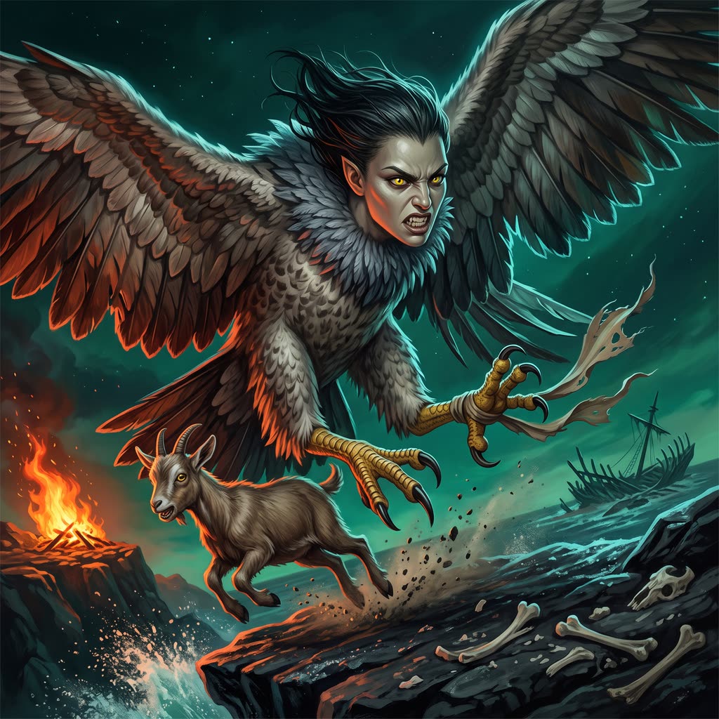 A woman-faced harpy swoops from a black sea ledge at night, wings flung wide and talons forward.