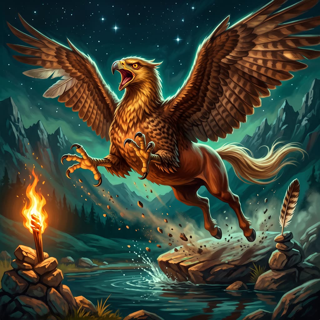 A chestnut-hindquartered hippogriff with an eagle's head and barred brown wings launches off a boulder.