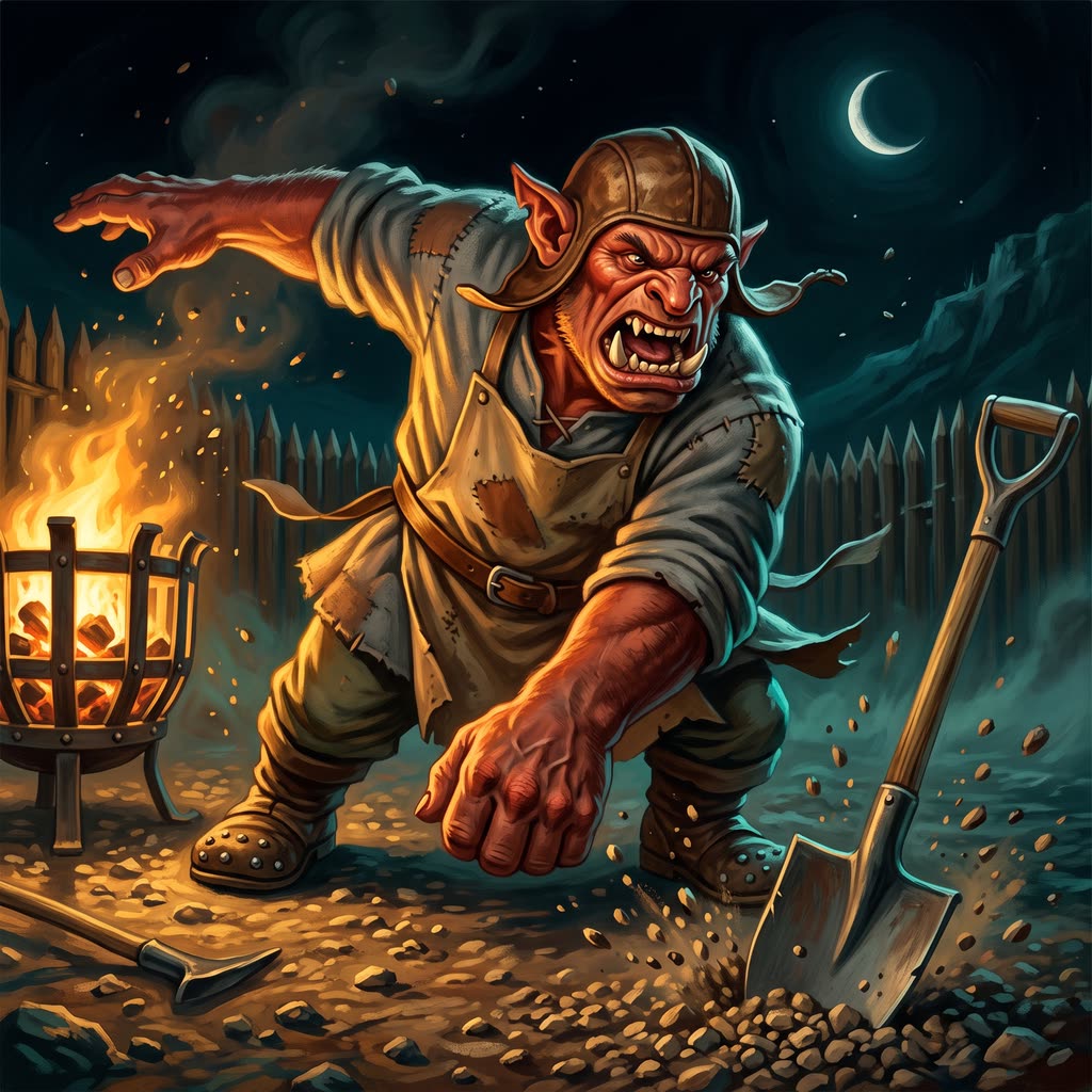 A brick-red hobgoblin in a leather cap and patched wool tunic lunges forward, driving a spade into gravel and snarling.