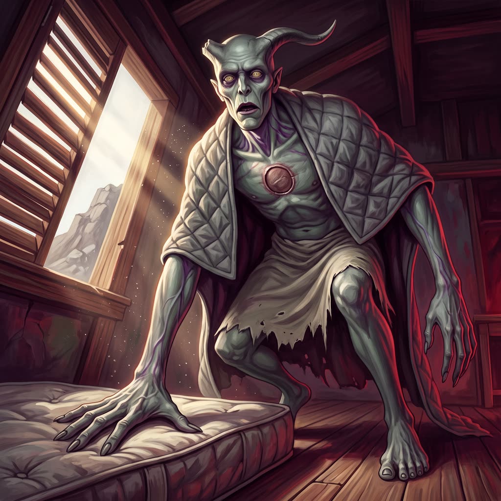 A gaunt gray-green incubus unfolds from behind a half-stuffed mattress in a sunlit loft, one long hand on the ticking.
