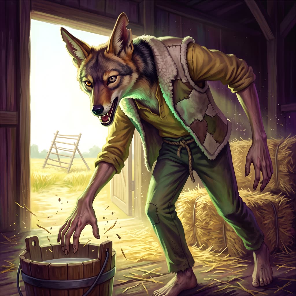 A lean jackal-headed figure in a patched sheepskin vest rises from behind straw bales in a sunlit barn.