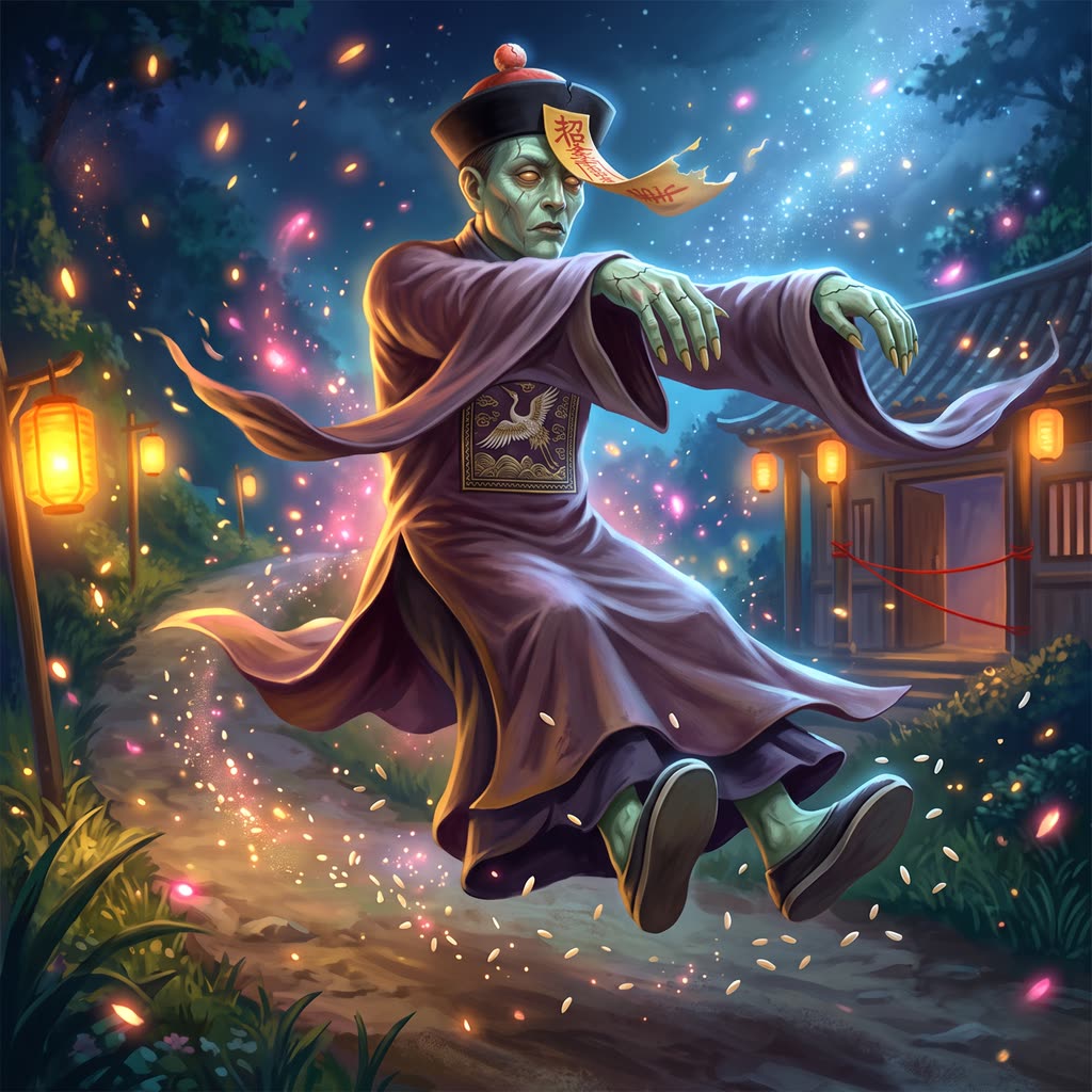 A pale green jiangshi in a faded plum official's robe hops mid-air over a lantern-lit hill road, arms stretched forward.