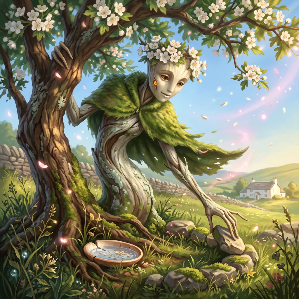 A bark-skinned hawthorn kami in a moss cloak leans from its blossoming tree and sets a stone back in a ring on the grass.