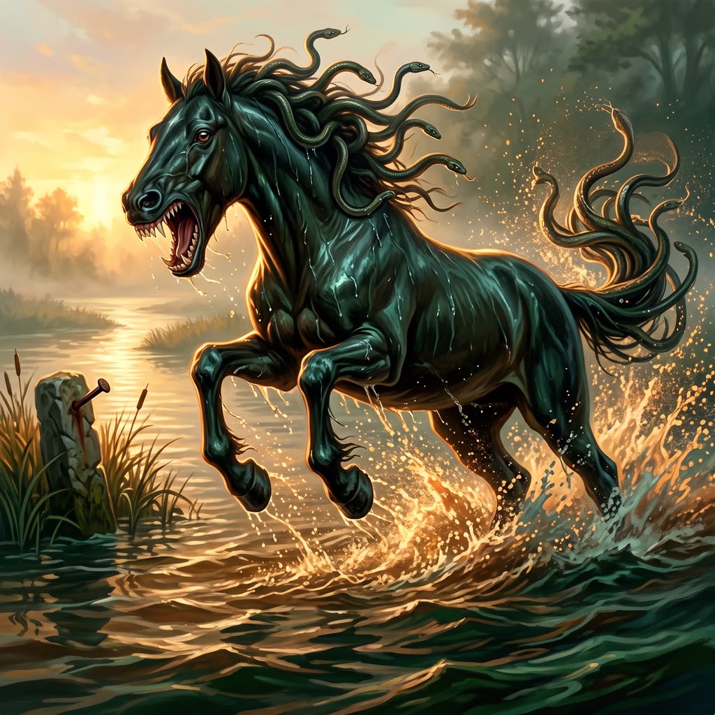 A black-green water horse with a writhing serpent mane surges from a misty river ford, jaws open on needle teeth.