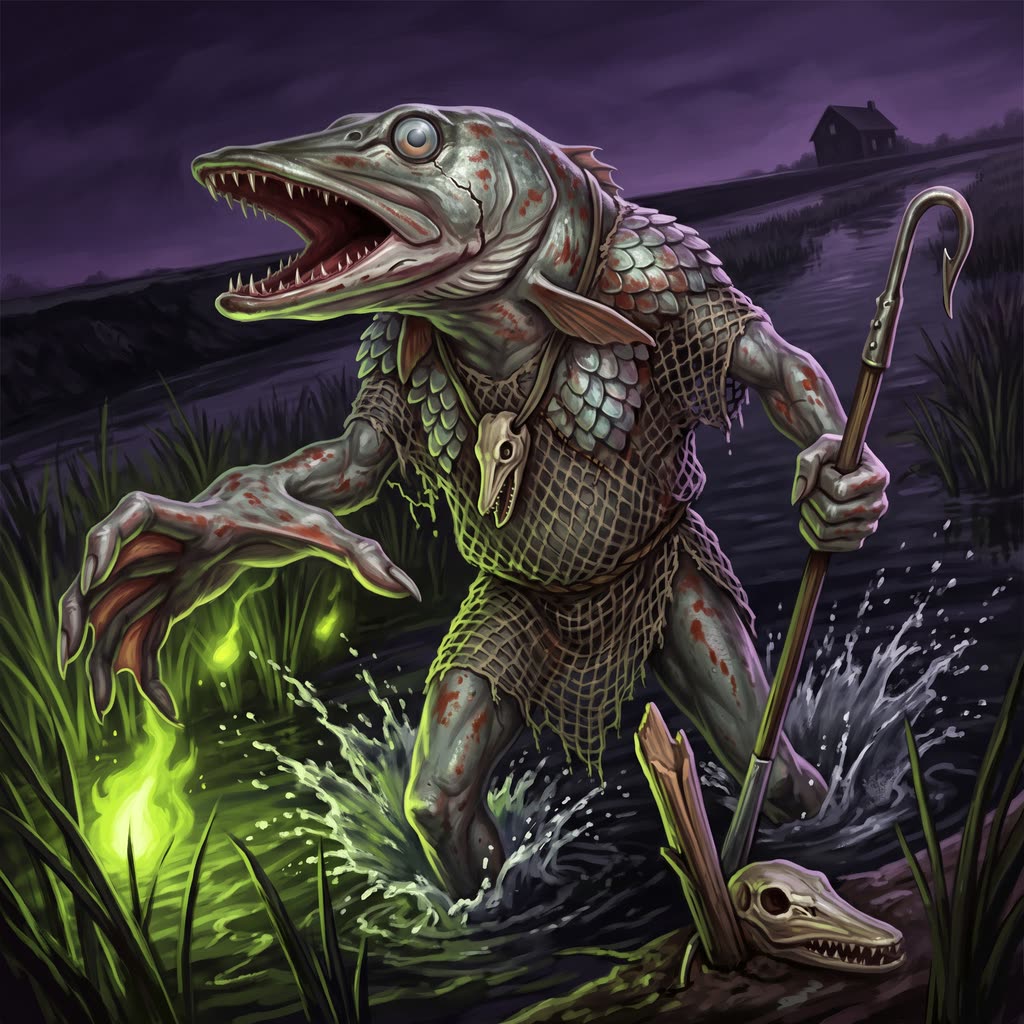 A gaunt gray-green fish-headed kuo-toa rises from black reed-lane water in acid-green light, hooked pole in one hand.