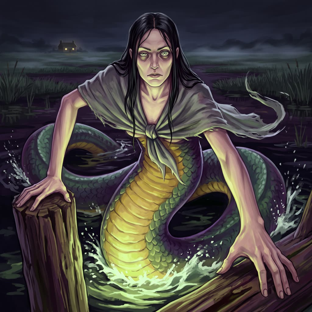 A pale lamia with a woman's torso and a long bruise-green snake body rises from black fen water under acid-green light.