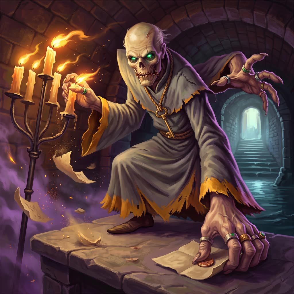 A gaunt, robed lich lunges across a stone desk in a candlelit vault, one huge hand snatching a flame from the air.