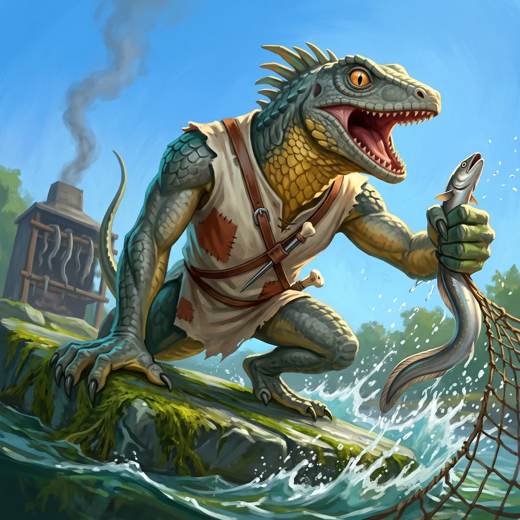 A gray-green lizardfolk in a patched linen tunic lunges off a weedy weir stone in bright noon sun.