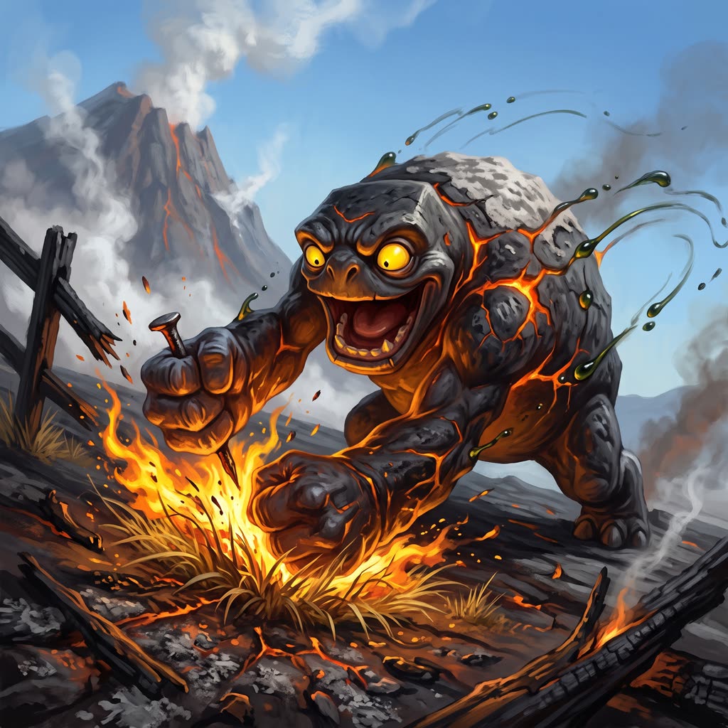 A black-crusted magmin lunges on its knuckles at a tuft of dry grass that bursts into flame.