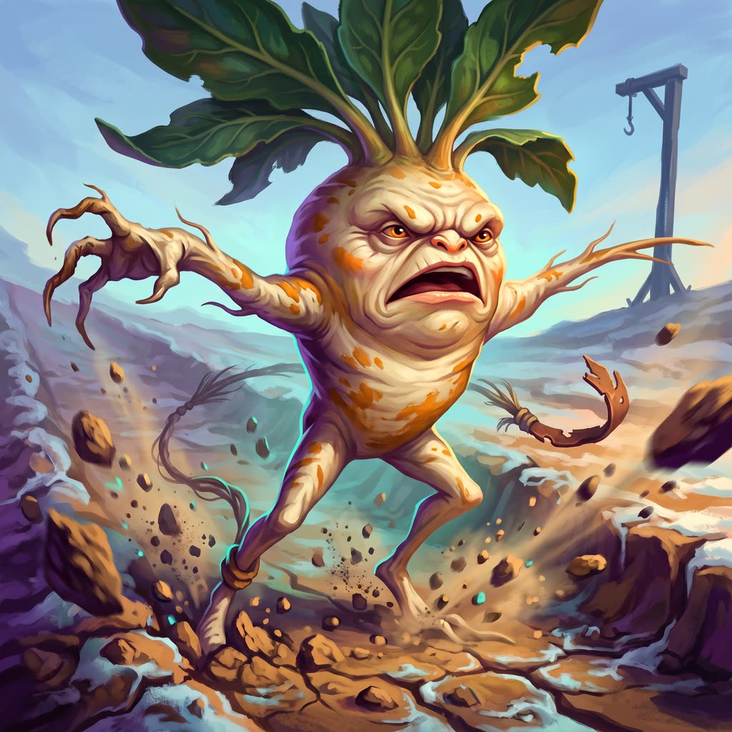 A furious forked-root mandrake lunging half out of cracked clay, arms wide and mouth open.