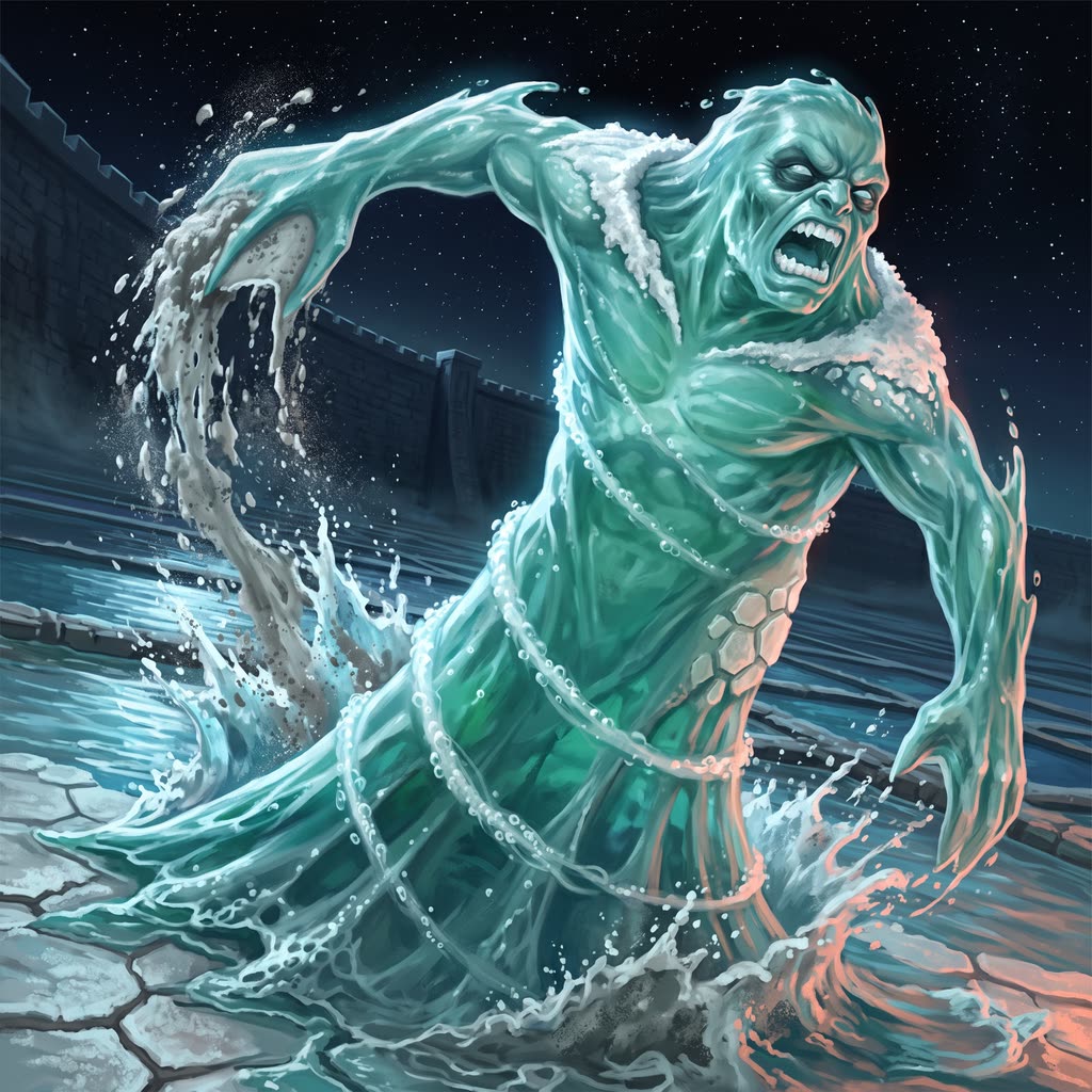 A twelve-foot marid of clear seawater lunges up from a flooded salt pan in moonlight.