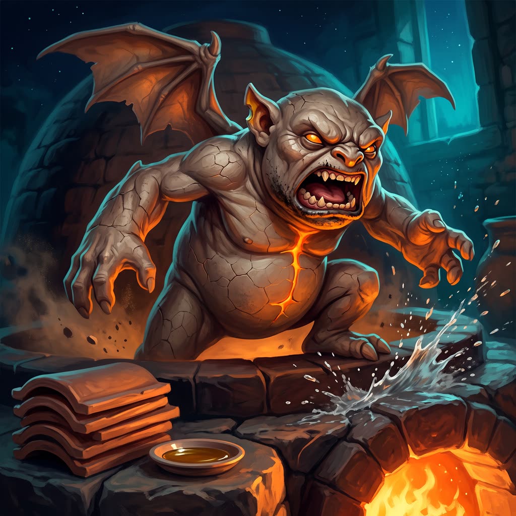 A gray clay mephit with a glowing orange chest seam flinches back on a kiln flue, wings half open, hissing in the firelight.